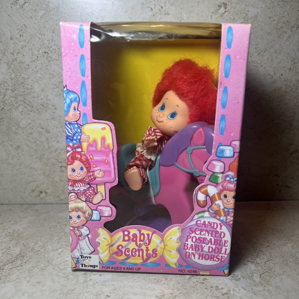 Vintage 90s Baby Scents Doll on Rocking Horse Toys N Things No. 4246 NIB Scented